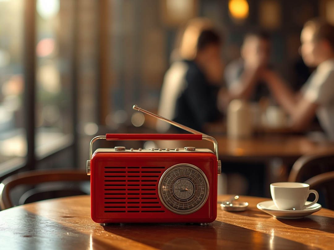 Retro radio uz galda mājīgā kafejnīcā